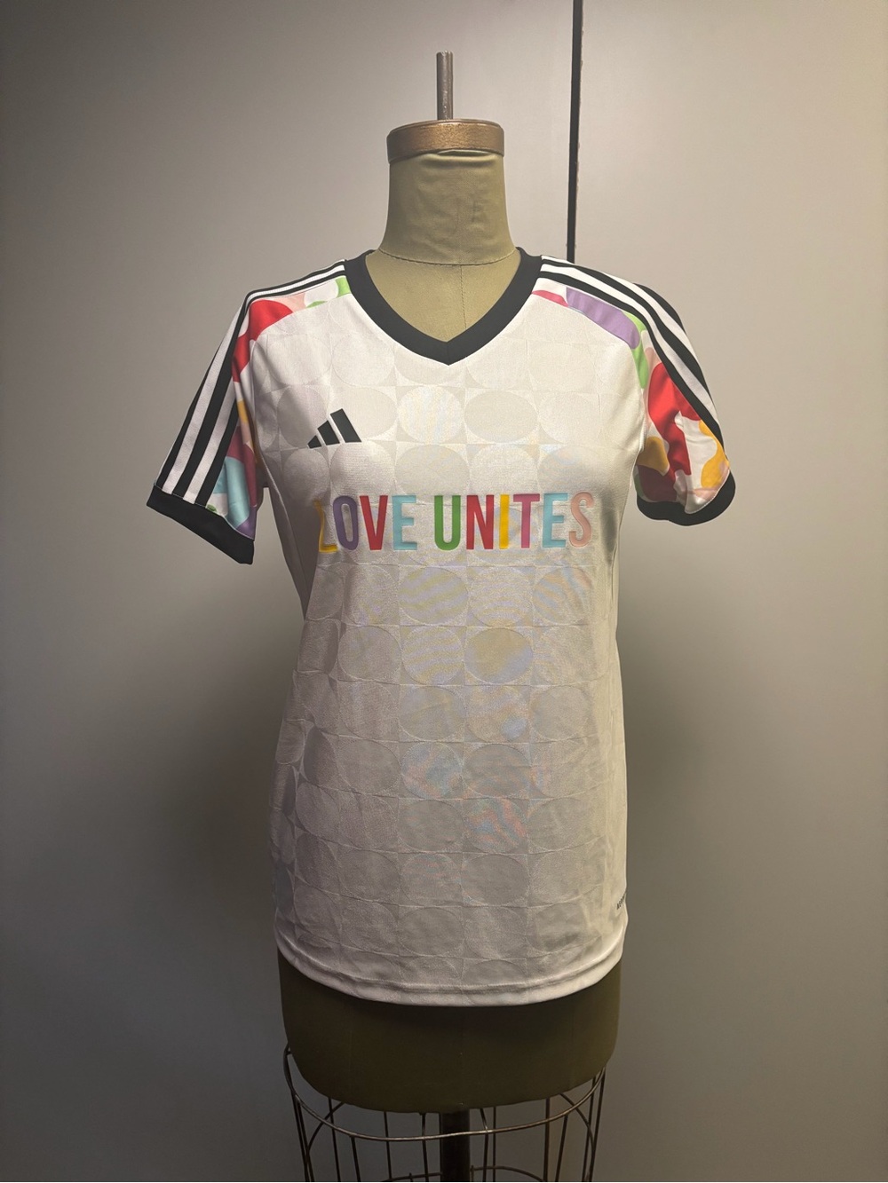 adidas White Jersey with Rainbow Sleeve Accents